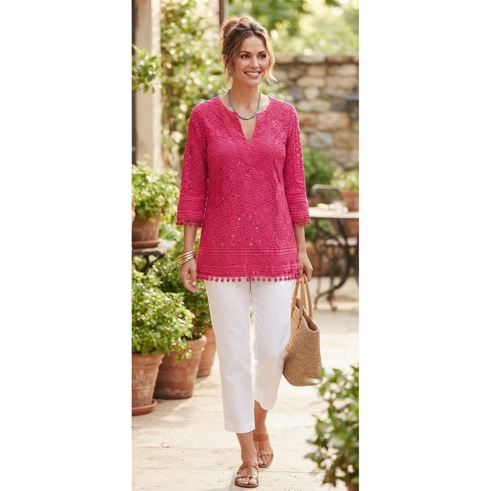 Black Label by Chico's 2 Crochet Floral Lace Pink Tassel 3/4 Sleeve Tunic Boho L
